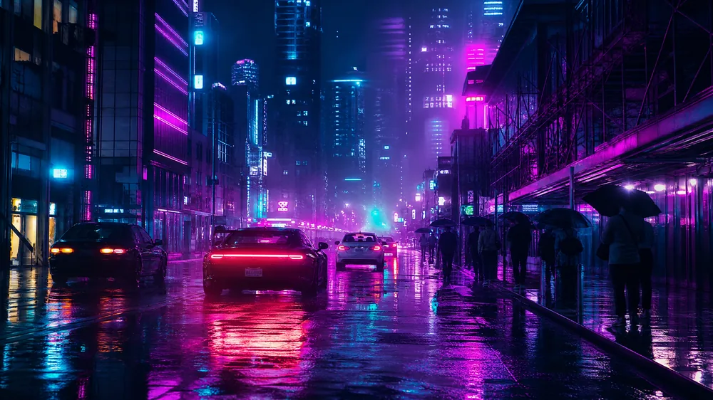 学员赛博朋克风格夜景作品截图，霓虹雨夜街道